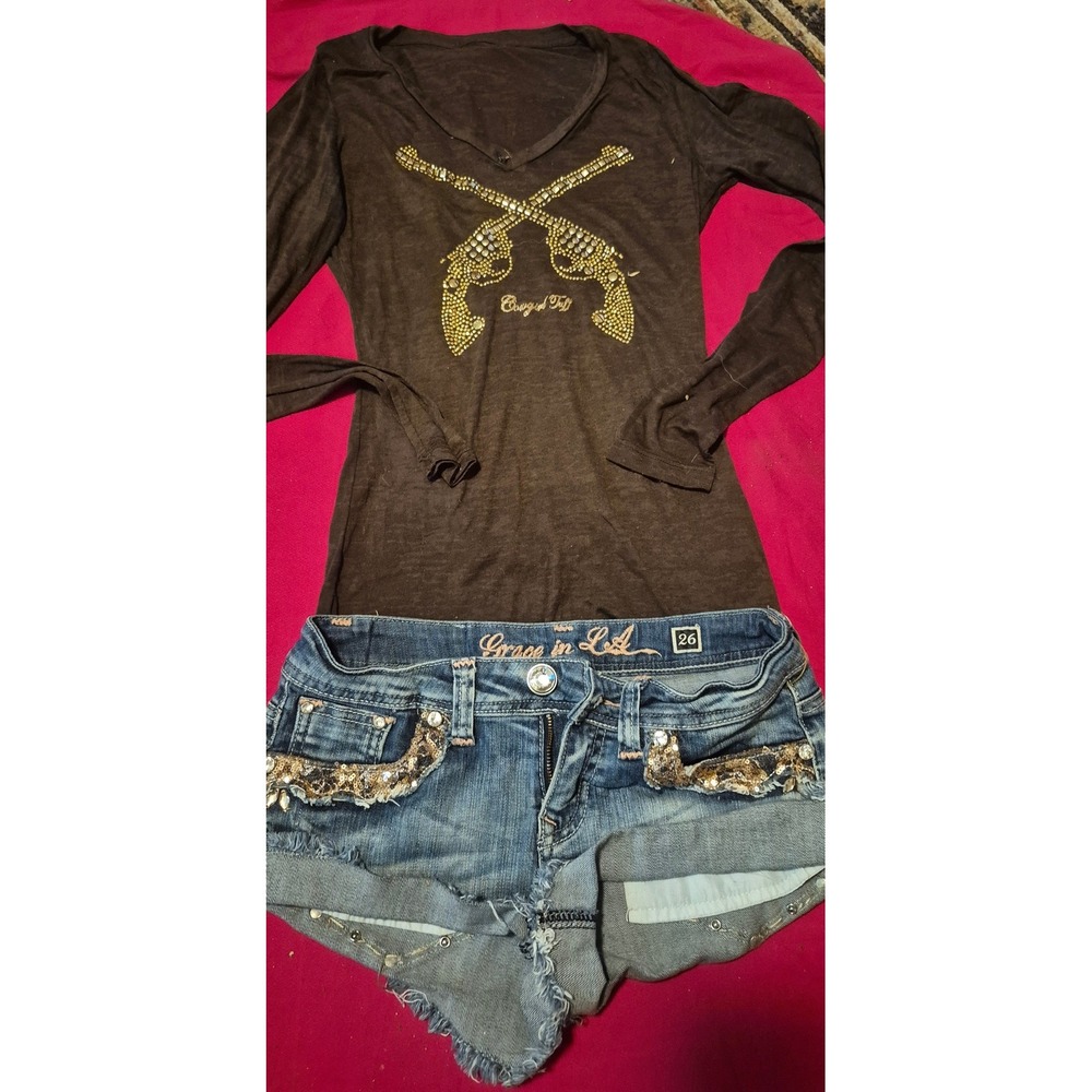 Grace in LA Denim Shorts 26 Cowgirl Tuff Pistols Set Western Rodeo Rhinestone